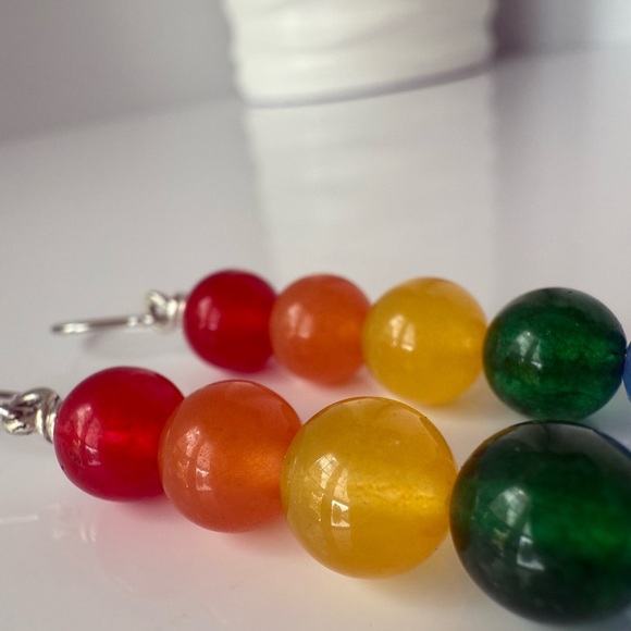 HAND CRAFTED Pride Wire Wrapped Jade Rainbow Sterling Silver Earrings - Picture 8 of 13